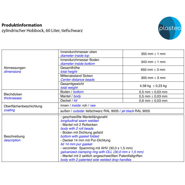 Stahlfass 60 Liter Deckelfass Tiefschwarz