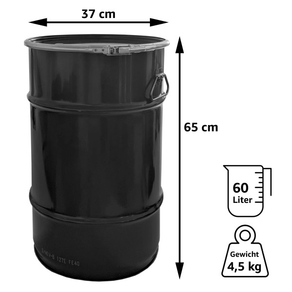Stahlfass 60 Liter Deckelfass Tiefschwarz